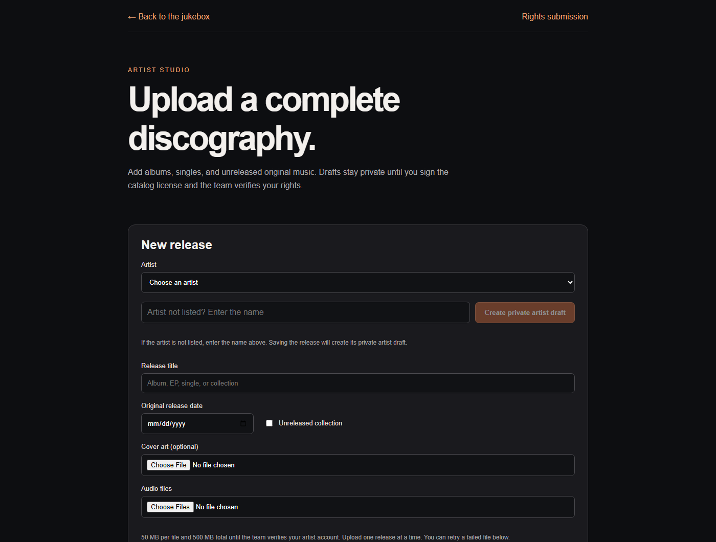 The release uploader, ready for your music, artwork, and track details.